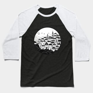 Monochrome Mediterranean Townscape Circle Art Baseball T-Shirt